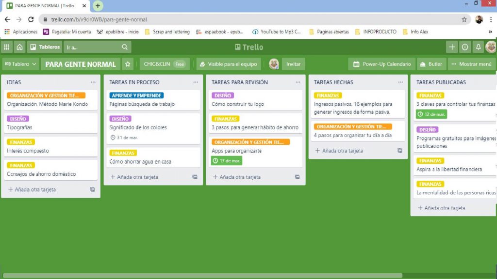Tablero Trello con listas y tarjetas de ejemplo